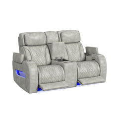 Prime Time Leather Gel Light Grey P3 Loveseat with Console, 7 Colors LED, Cup Holders and Wireless Charger Controller