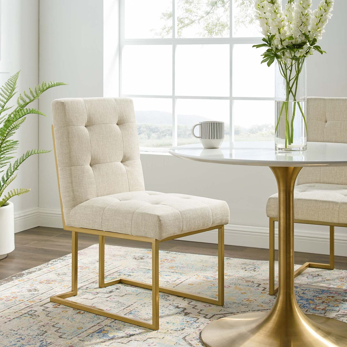 Privy Gold/Beige Gold Stainless Steel Upholstered Fabric Dining Accent Chair - Ornate Home