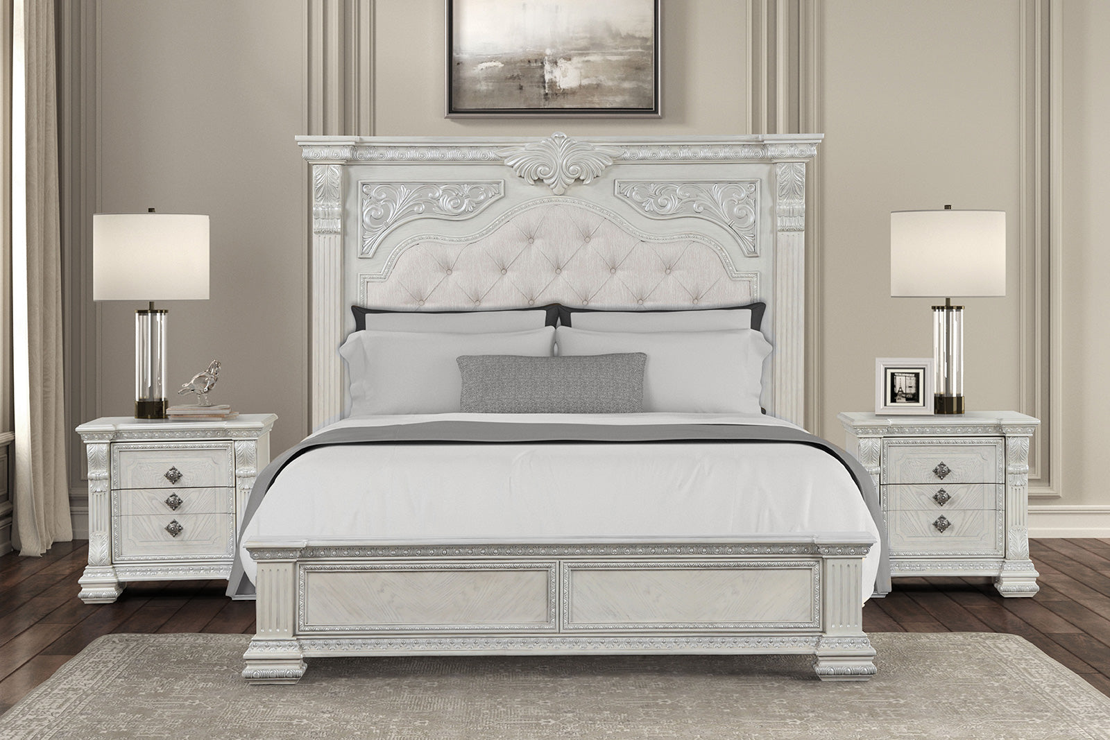Promenade Wire Brushed White Queen 5 Piece Bedroom Set w/2 Nightstands - Ornate Home