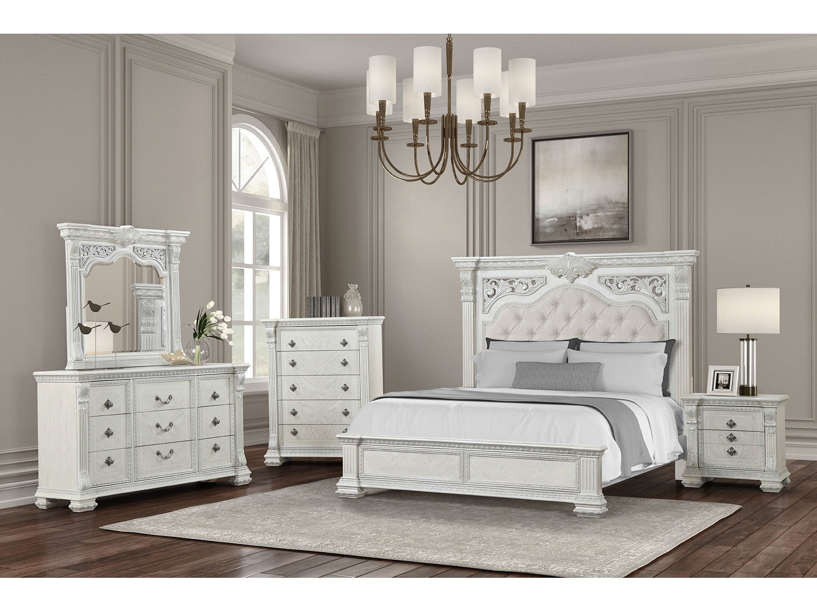 Promenade Wire Brushed White Queen 5 Piece Bedroom Set w/Chest - Ornate Home