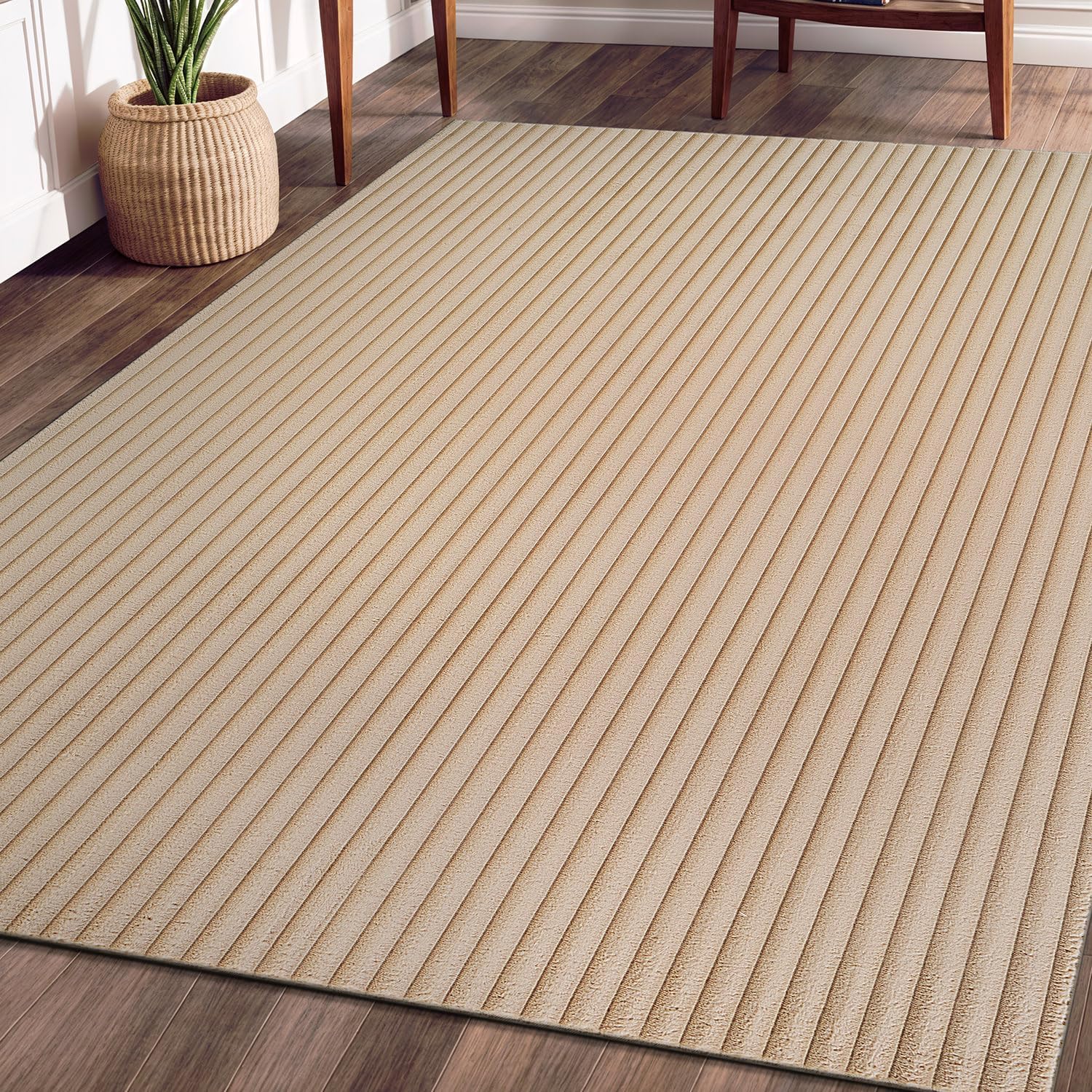 Puff Beige Ribbed Ultra Soft Plush Non Slip Washable Area Rugs - Ornate Home