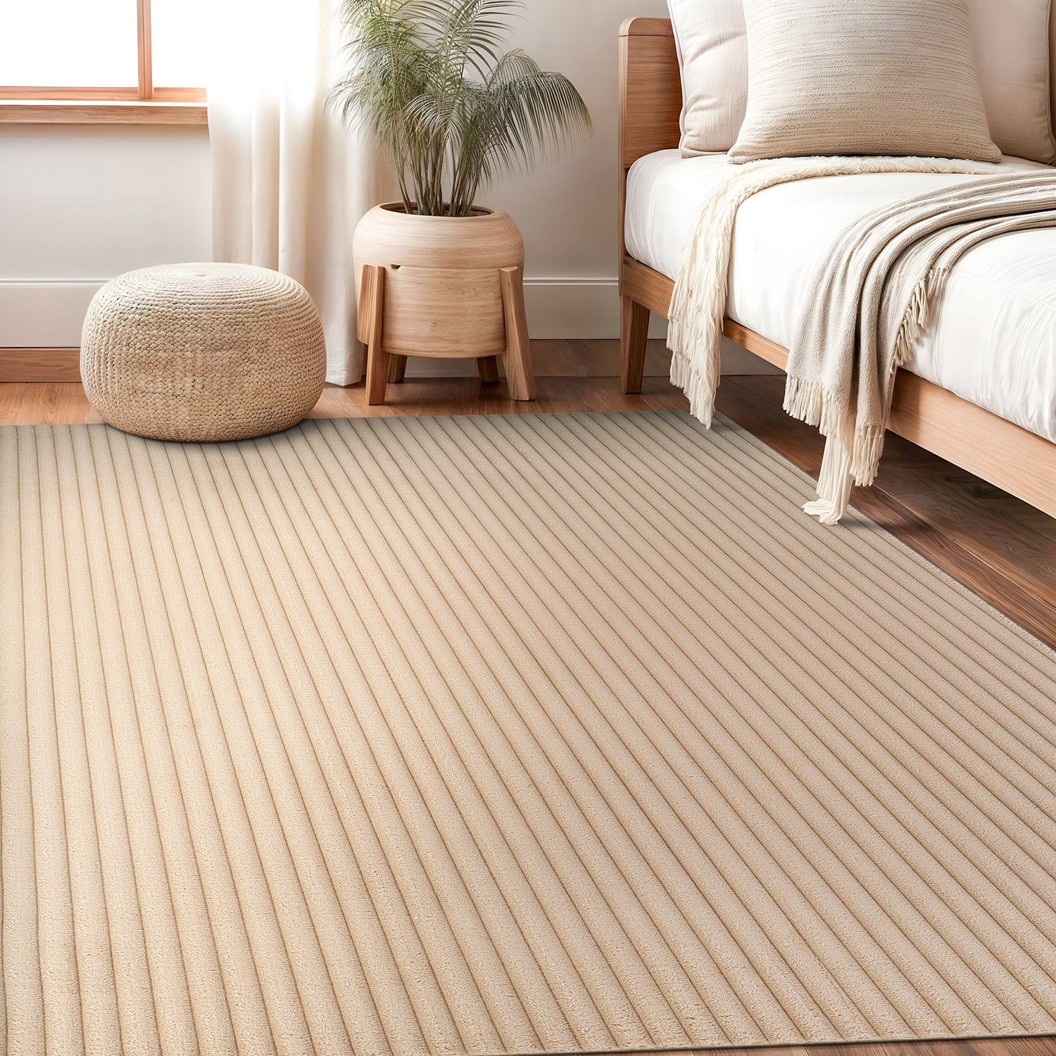 Puff Beige Ribbed Ultra Soft Plush Non Slip Washable Area Rugs - Ornate Home