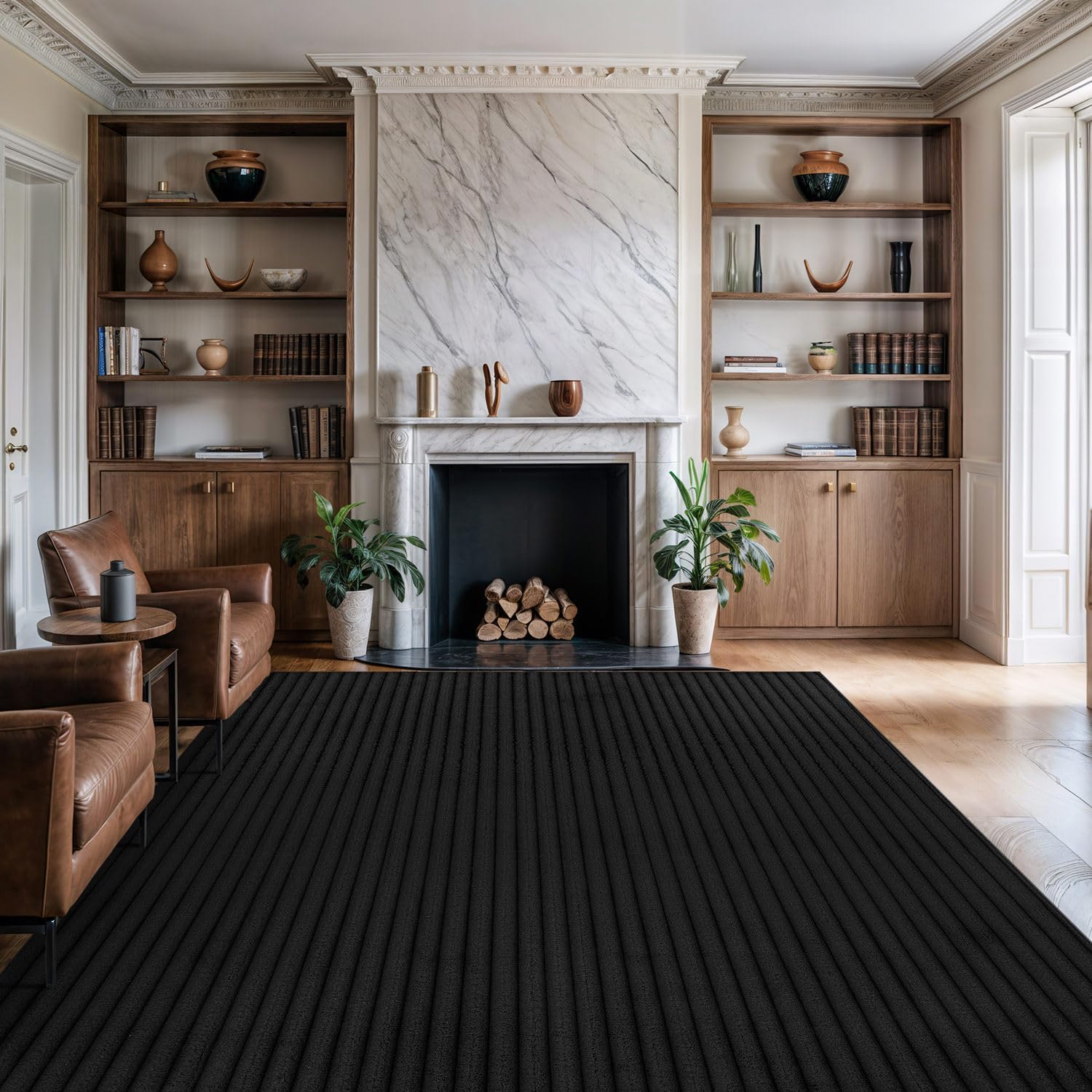 Puff Black Ribbed Ultra Soft Plush Non Slip Washable Area Rugs - Ornate Home