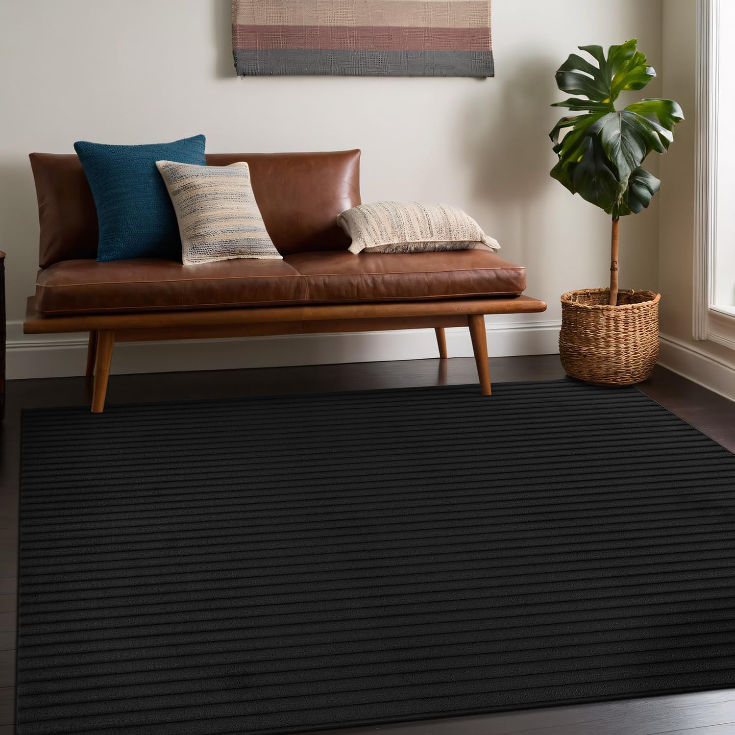 Puff Black Ribbed Ultra Soft Plush Non Slip Washable Area Rugs - Ornate Home