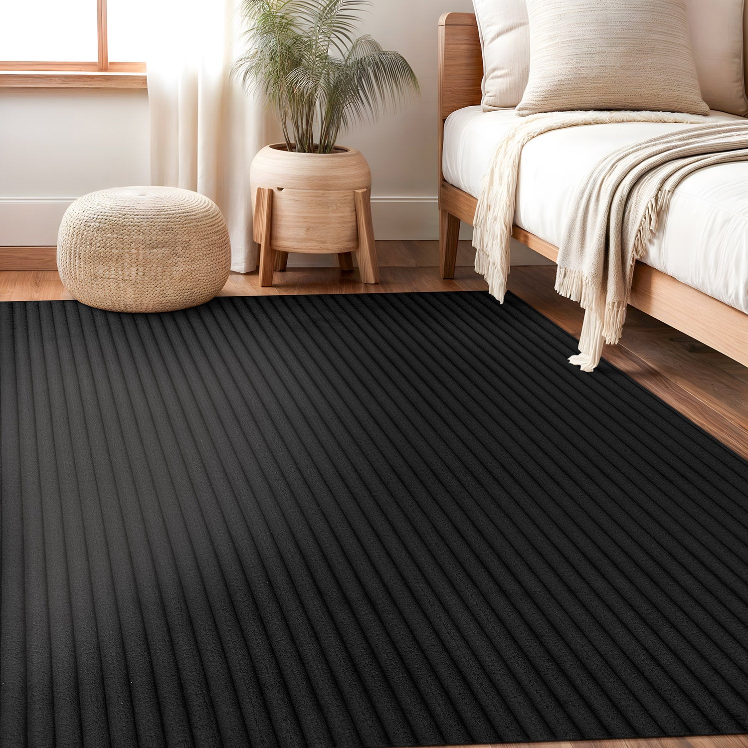 Puff Black Ribbed Ultra Soft Plush Non Slip Washable Area Rugs - Ornate Home