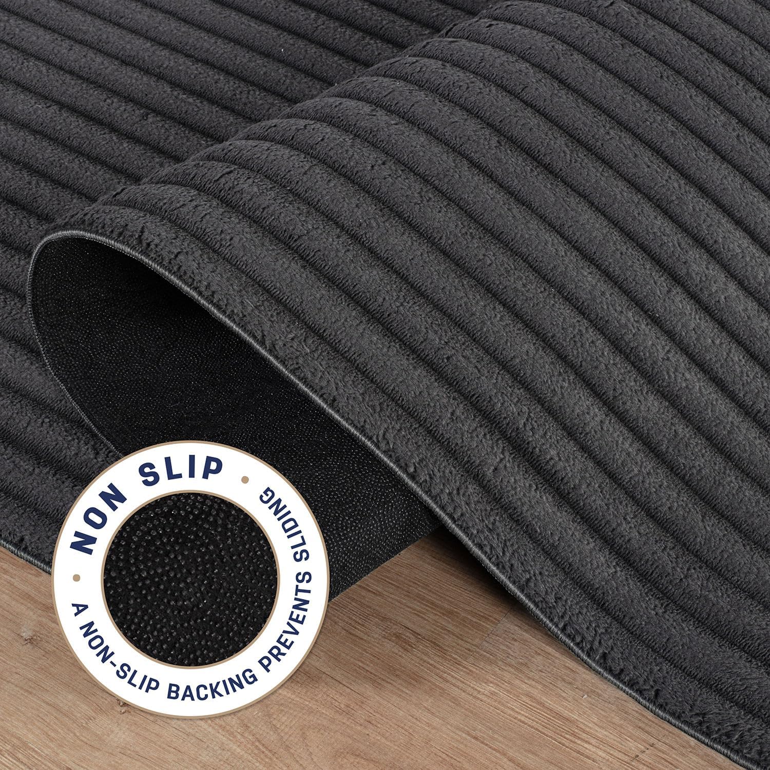 Puff Dark Gray Ribbed Ultra Soft Plush Non Slip Washable Area Rugs - Ornate Home