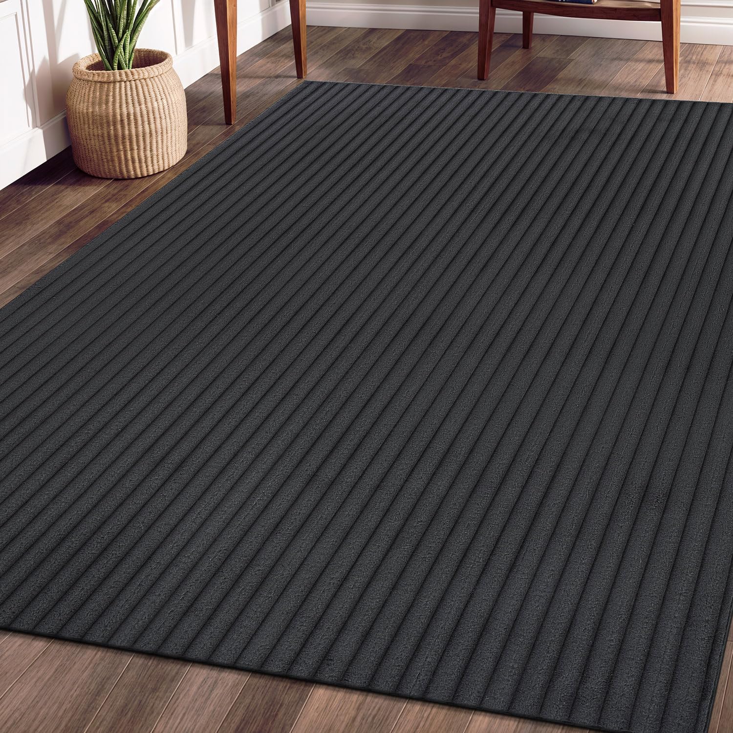 Puff Dark Gray Ribbed Ultra Soft Plush Non Slip Washable Area Rugs - Ornate Home
