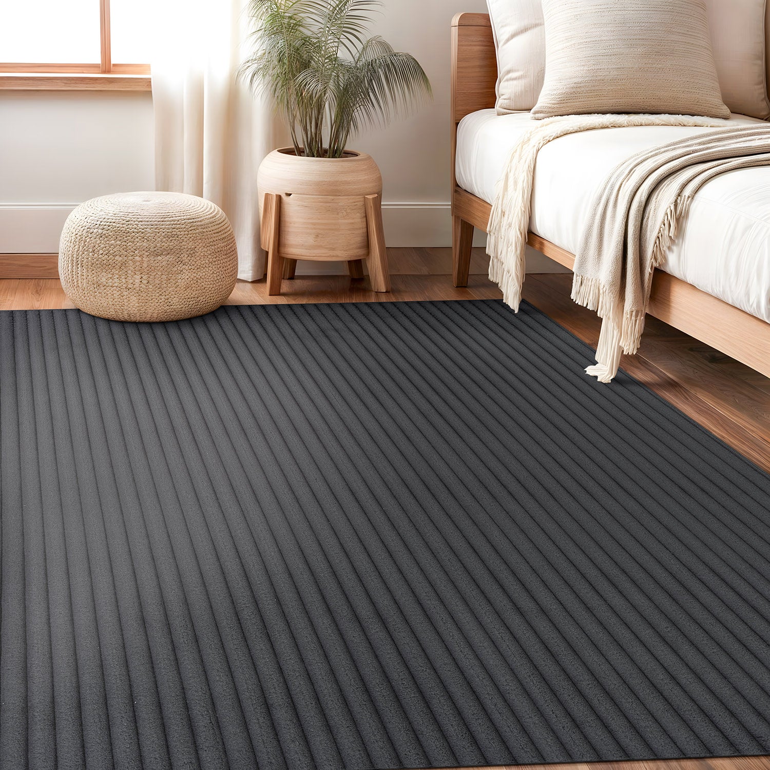 Puff Dark Gray Ribbed Ultra Soft Plush Non Slip Washable Area Rugs - Ornate Home