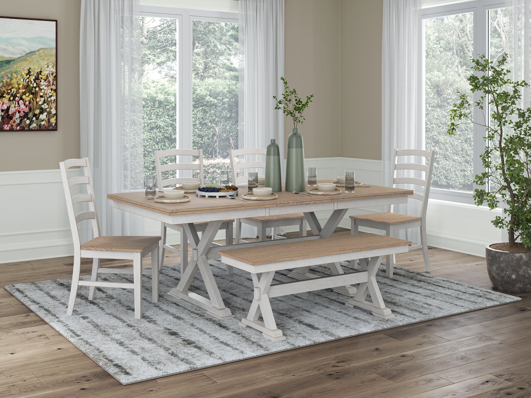 Purlaney Antique White/Natural Extension Dining Table, 4 Chairs and Bench - Ornate Home