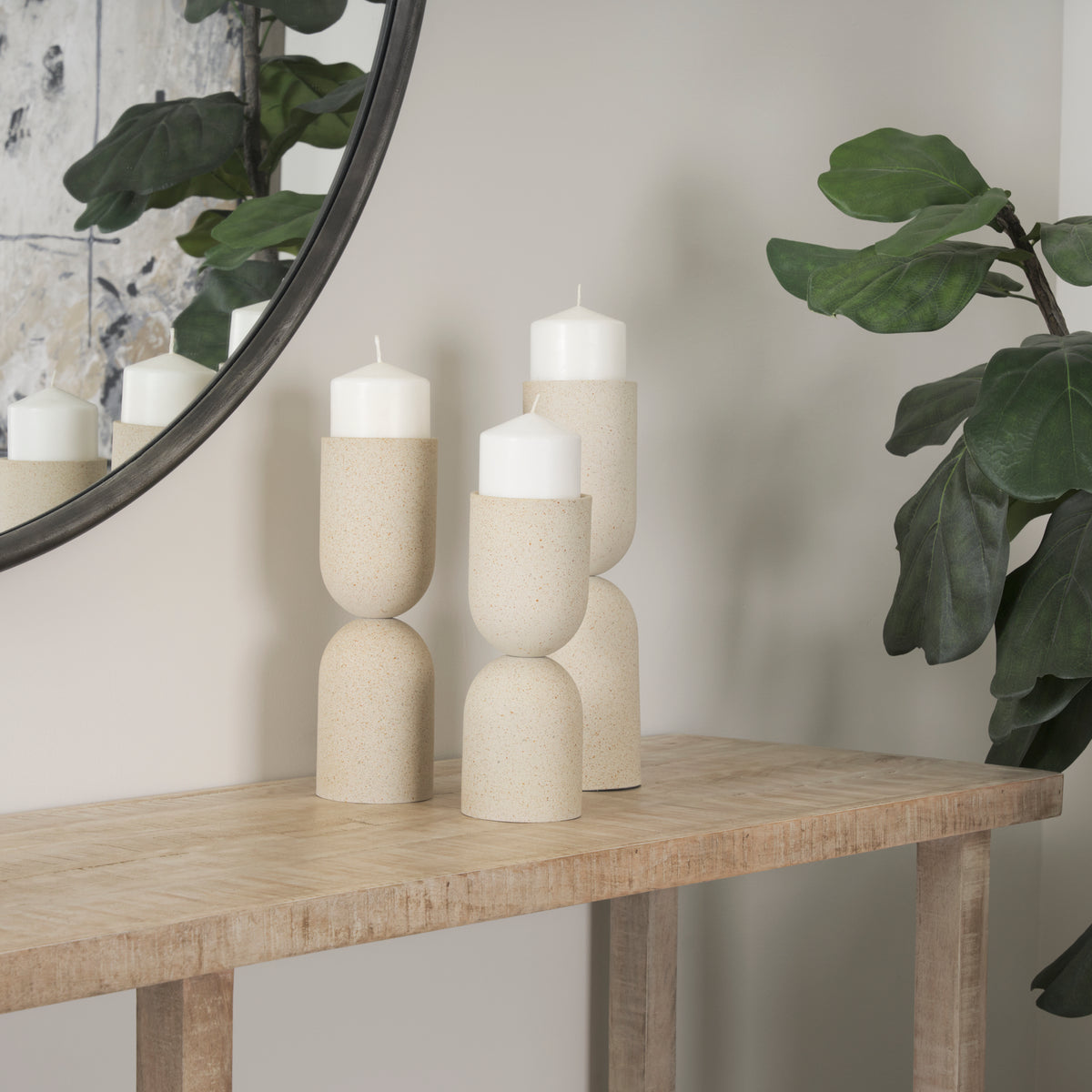 Qamra Beige Short Textured Metal Pillar Candle Holder - Ornate Home