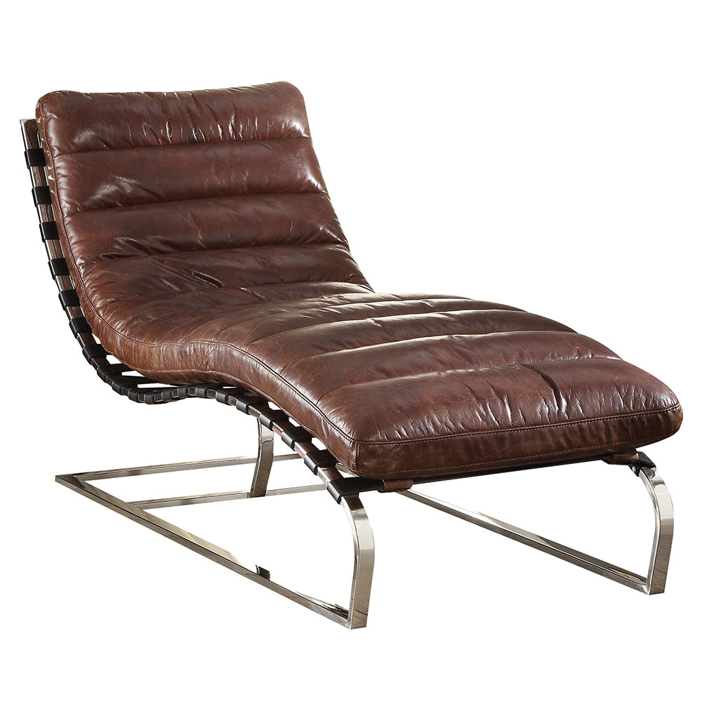 Qortini Vintage Dark Brown Top Grain Leather & Stainless Steel Chaise - Ornate Home