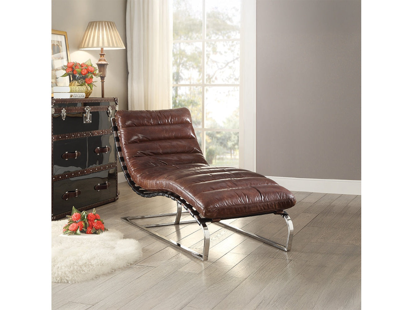 Qortini Vintage Dark Brown Top Grain Leather & Stainless Steel Chaise - Ornate Home