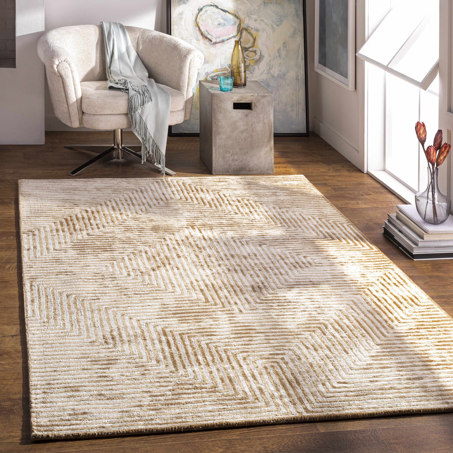 Quartz Patterned Sheen Beige Viscose Rug - Ornate Home