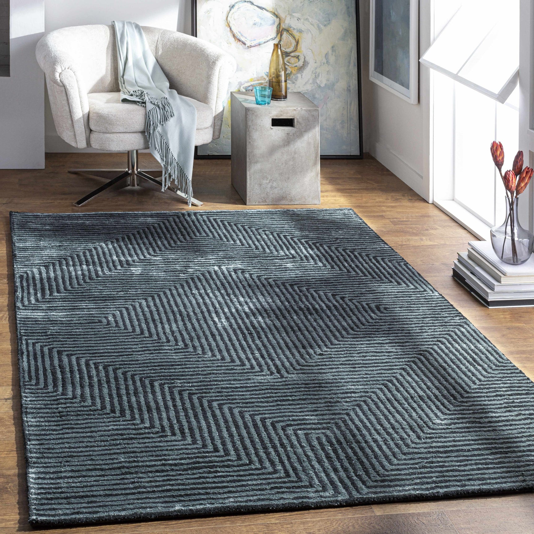 Quartz Patterned Sheen Blue/Green Viscose Rug - Ornate Home