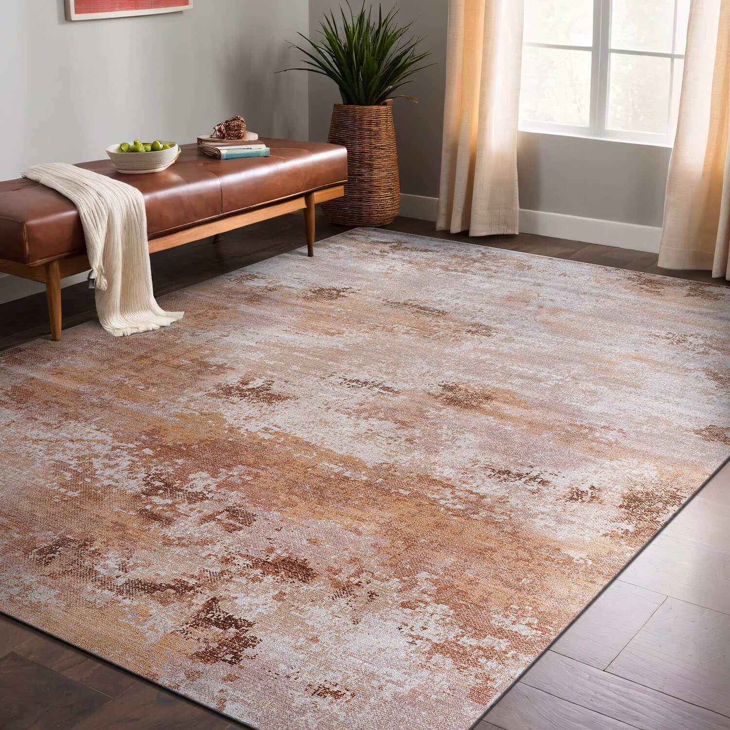 Queen Beige Modern Abstract Easy Silk Rubber Backing Soft Area Rug - Ornate Home