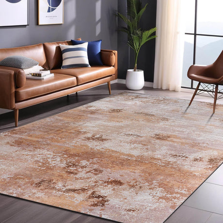 Queen Beige Modern Abstract Easy Silk Rubber Backing Soft Area Rug - Ornate Home