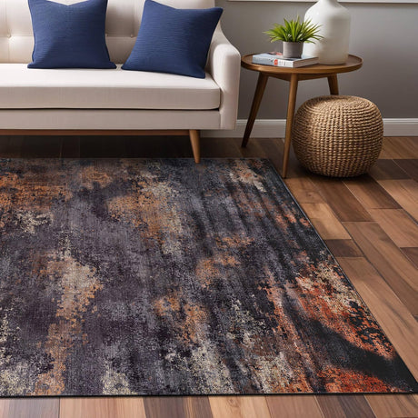 Queen Black Modern Abstract Easy Silk Rubber Backing Soft Area Rug  5x7 - Ornate Home