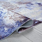 Queen Navy Modern Abstract Easy Silk Rubber Backing Soft Area Rug - Ornate Home