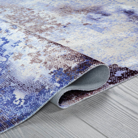 Queen Navy Modern Abstract Easy Silk Rubber Backing Soft Area Rug - Ornate Home