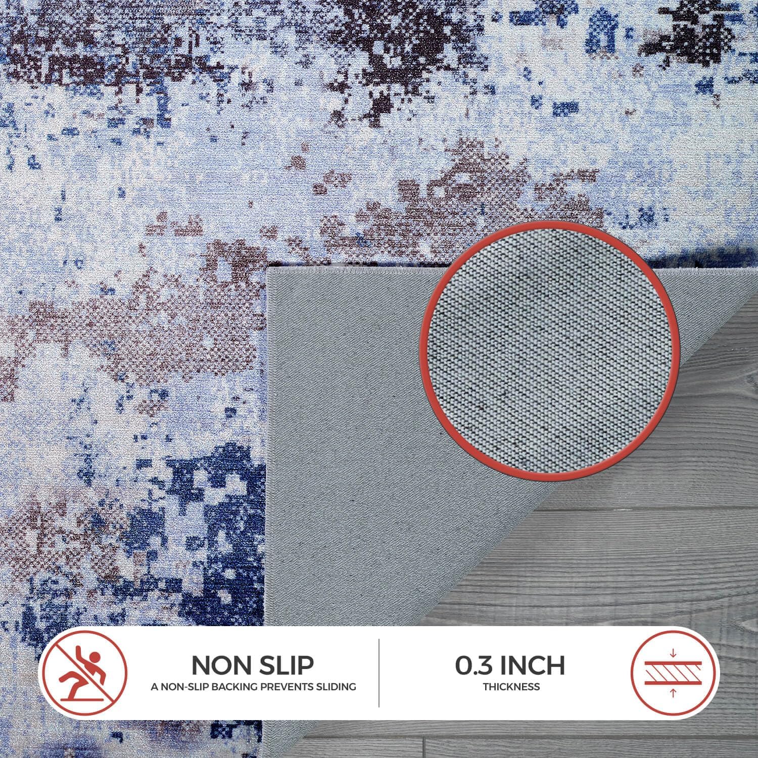 Queen Navy Modern Abstract Easy Silk Rubber Backing Soft Area Rug - Ornate Home