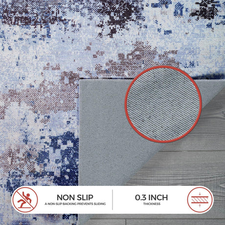 Queen Navy Modern Abstract Easy Silk Rubber Backing Soft Area Rug - Ornate Home