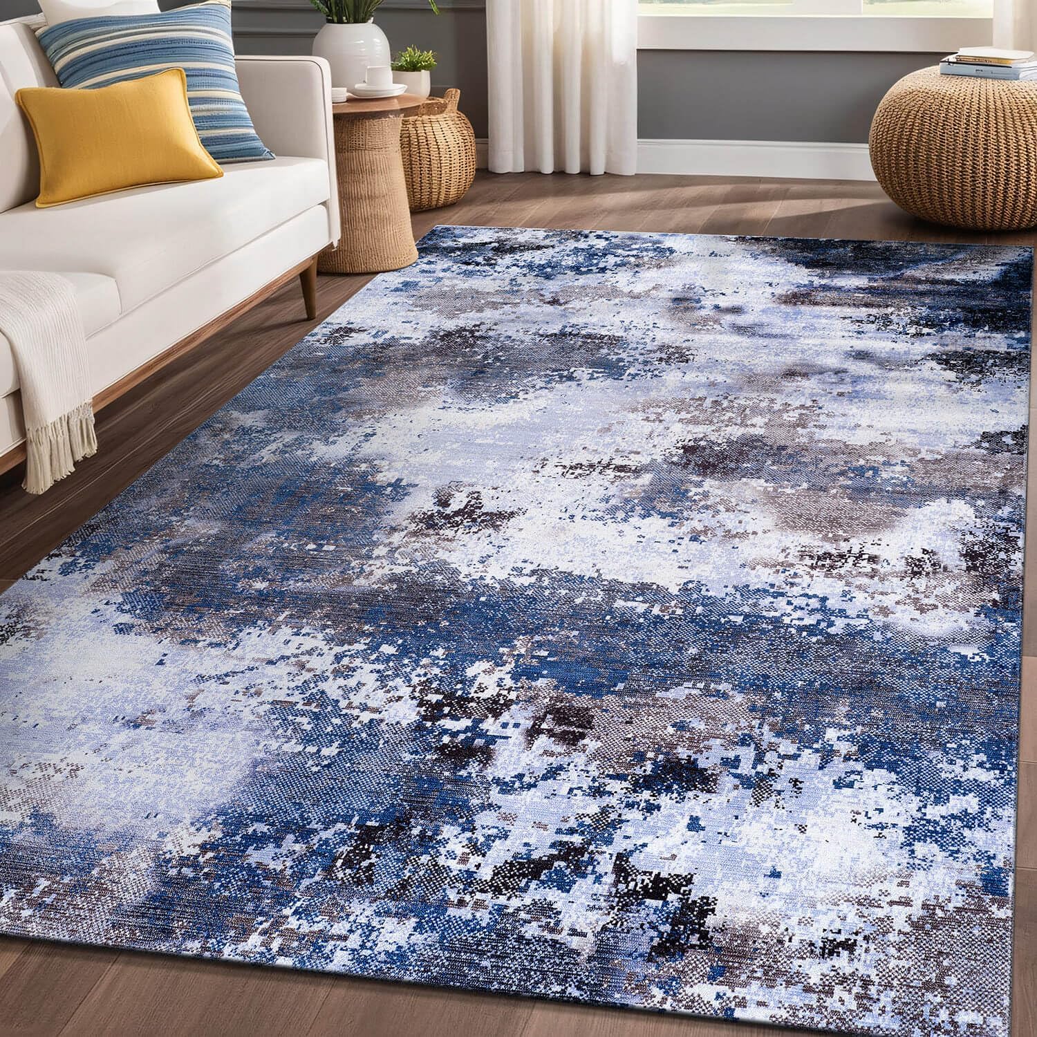 Queen Navy Modern Abstract Easy Silk Rubber Backing Soft Area Rug - Ornate Home