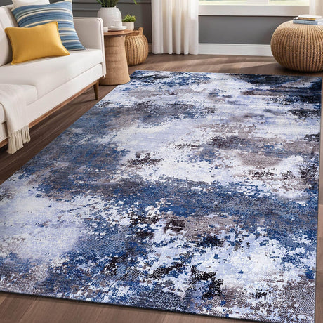 Queen Navy Modern Abstract Easy Silk Rubber Backing Soft Area Rug - Ornate Home