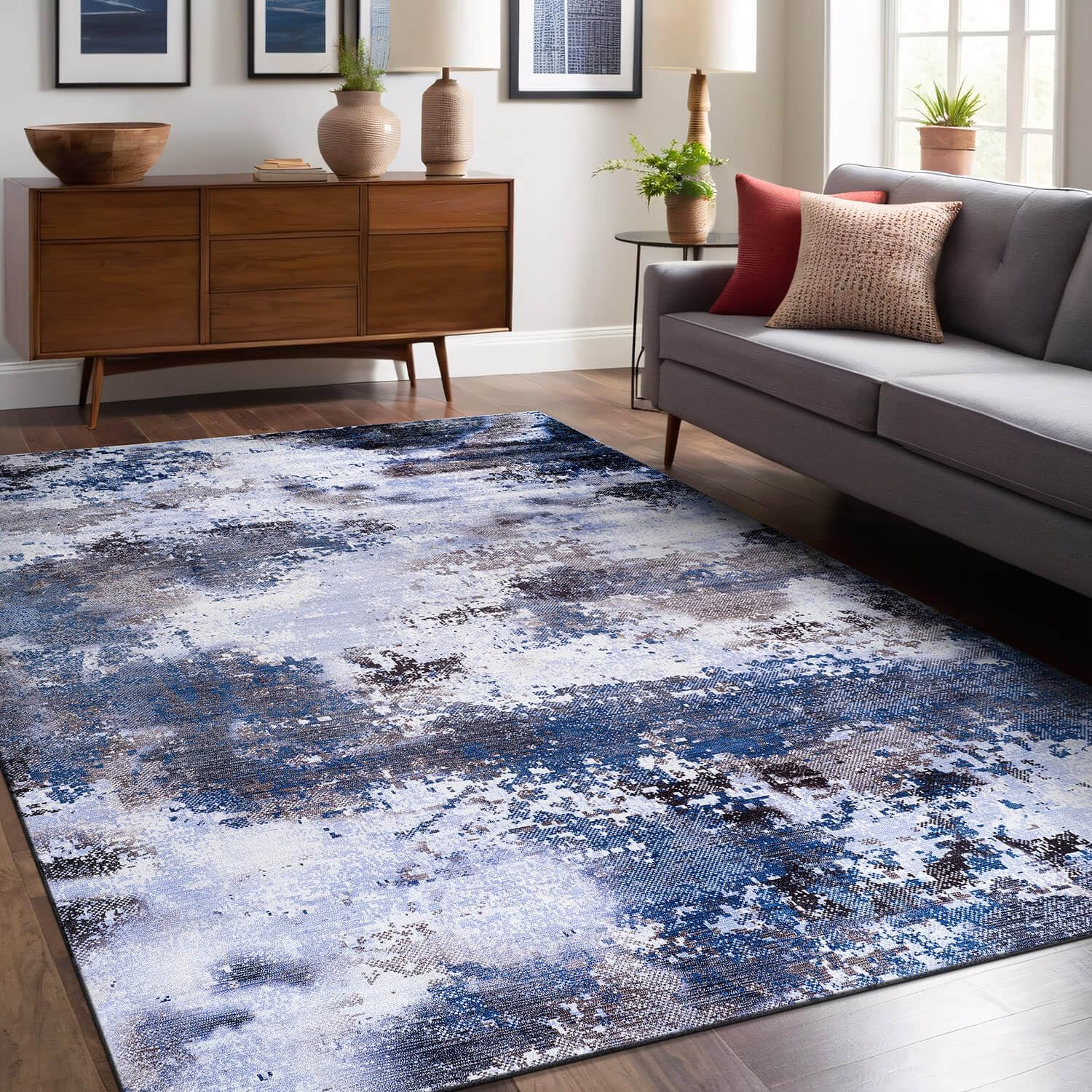 Queen Navy Modern Abstract Easy Silk Rubber Backing Soft Area Rug - Ornate Home