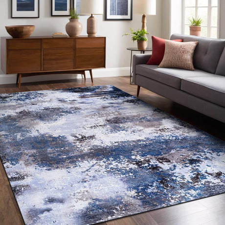 Queen Navy Modern Abstract Easy Silk Rubber Backing Soft Area Rug - Ornate Home