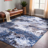 Queen Navy Modern Abstract Easy Silk Rubber Backing Soft Area Rug - Ornate Home
