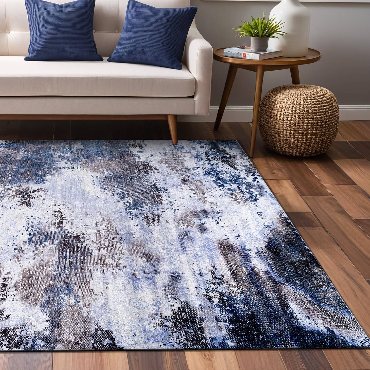 Queen Navy Modern Abstract Easy Silk Rubber Backing Soft Area Rug - Ornate Home