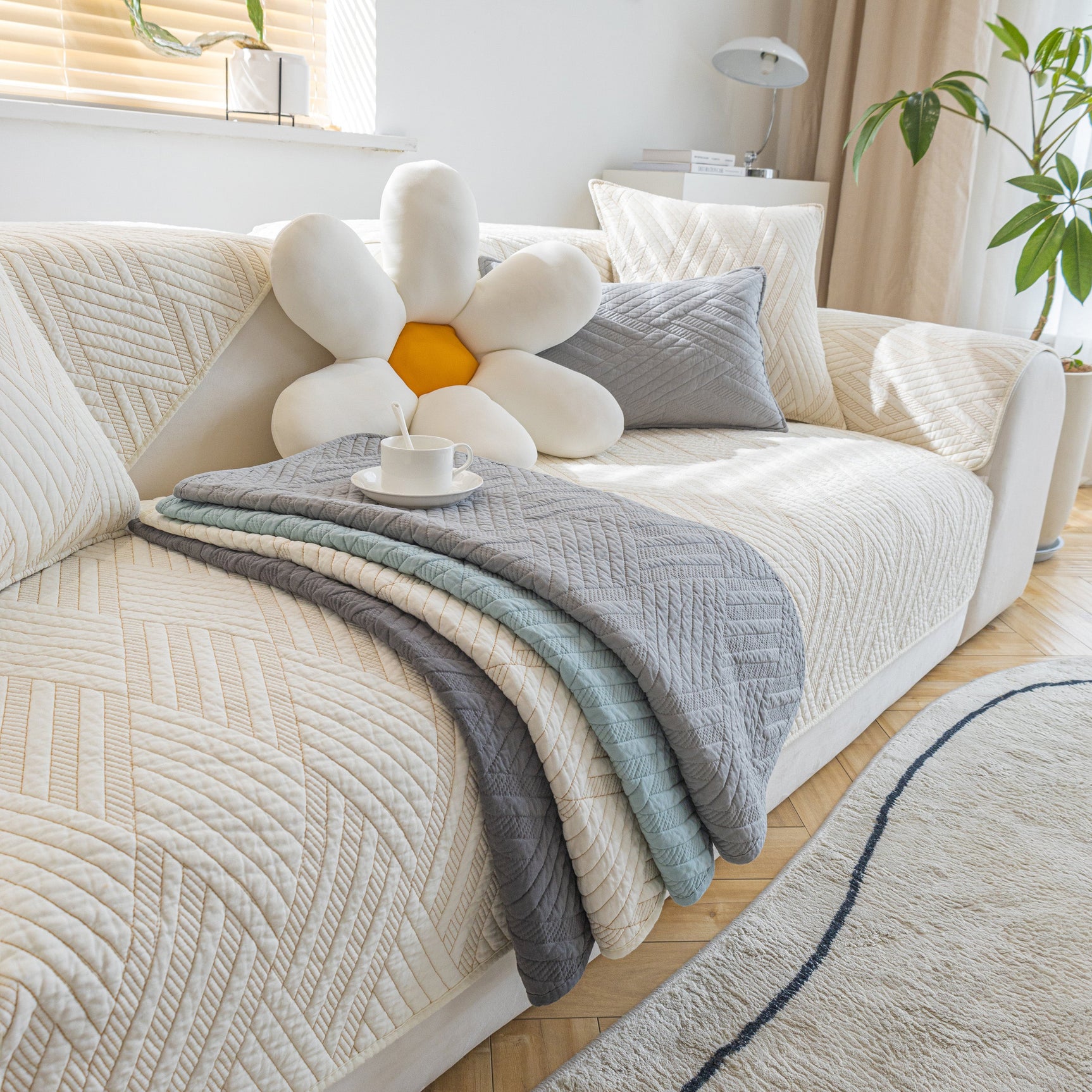 Quilted Geometric Cotton Sofa Cover, Non-Slip & Thick Padded Furniture Covers - Ornate Home