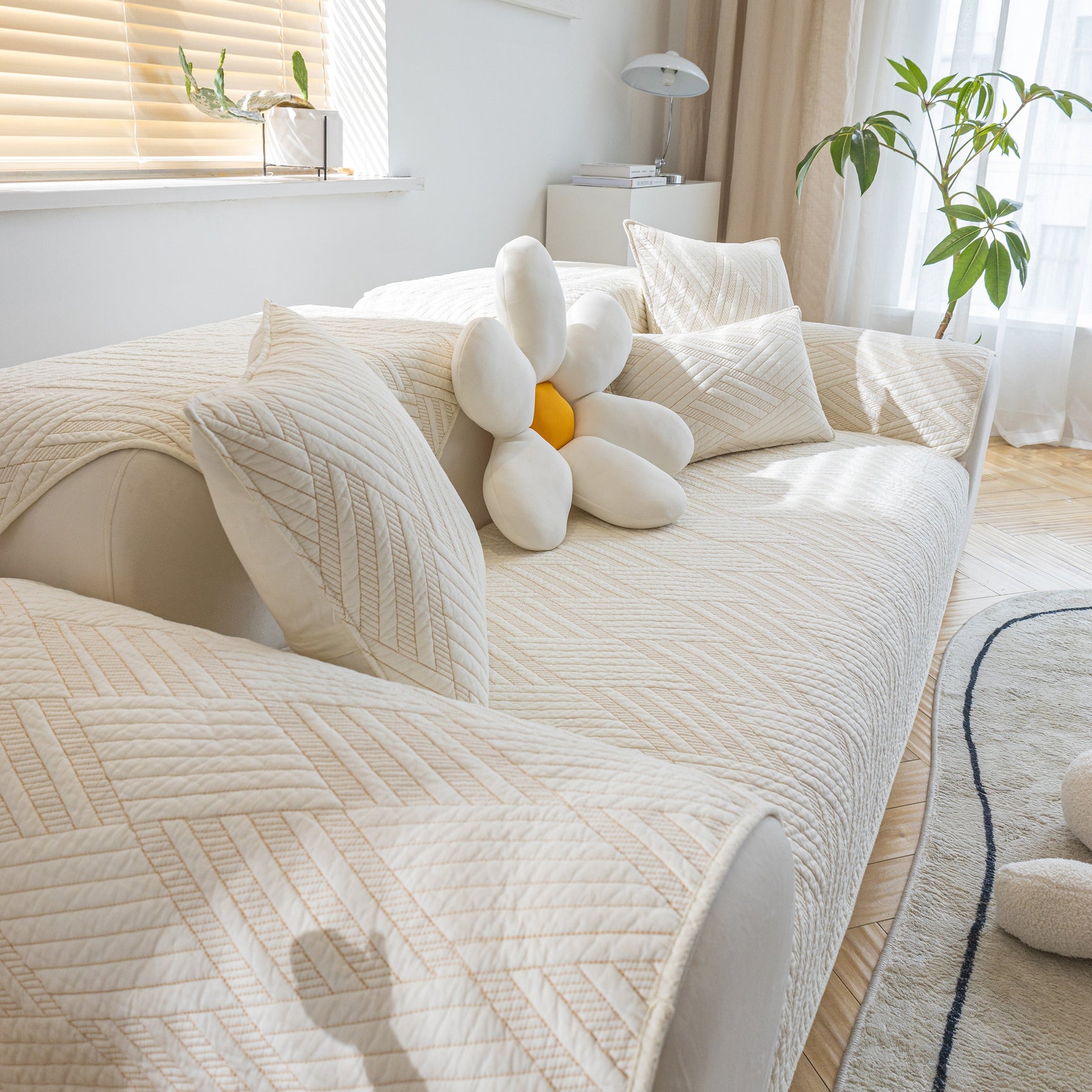 Quilted Geometric Cotton Sofa Cover, Non-Slip & Thick Padded Furniture Covers - Ornate Home