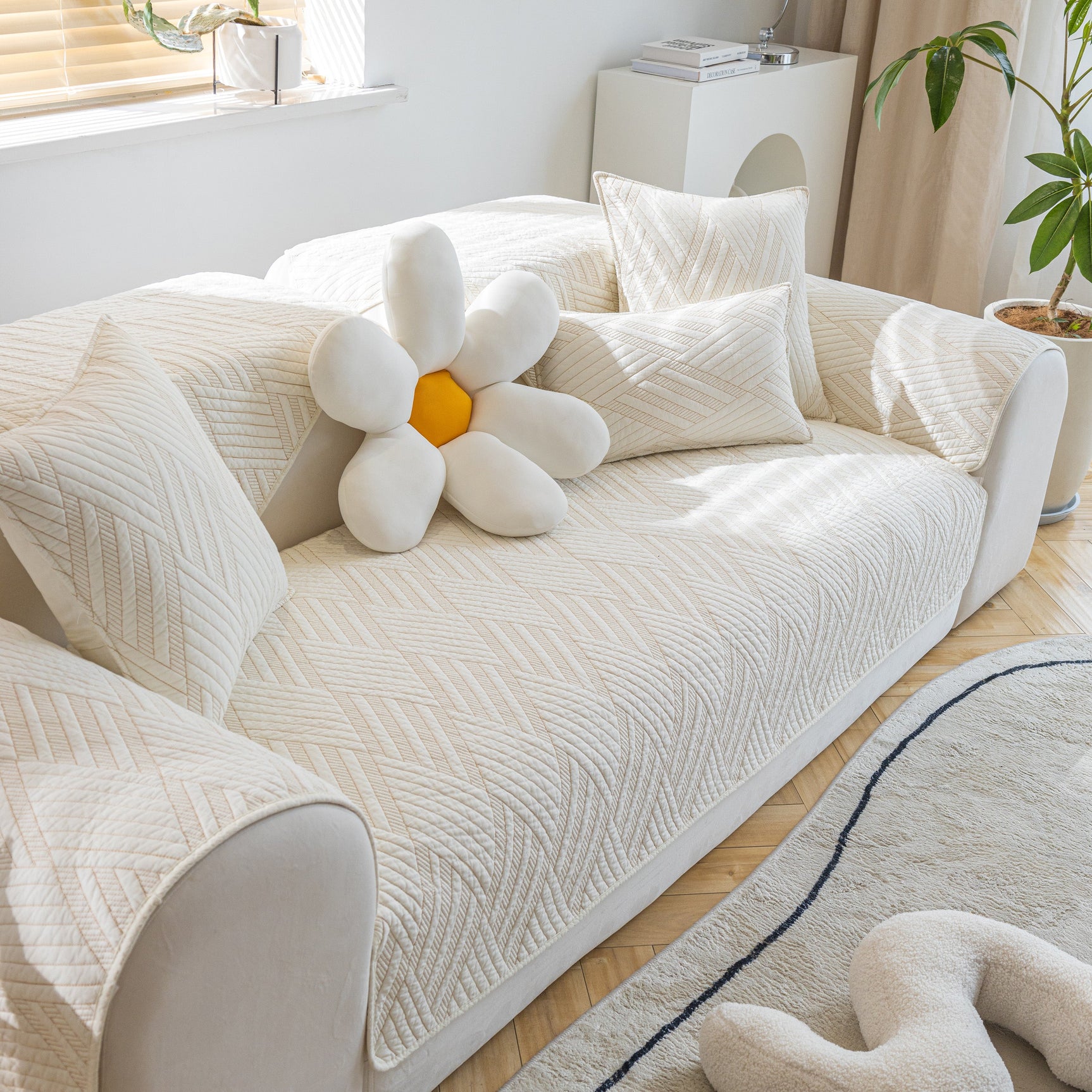 Quilted Geometric Cotton Sofa Cover, Non-Slip & Thick Padded Furniture Covers - Ornate Home