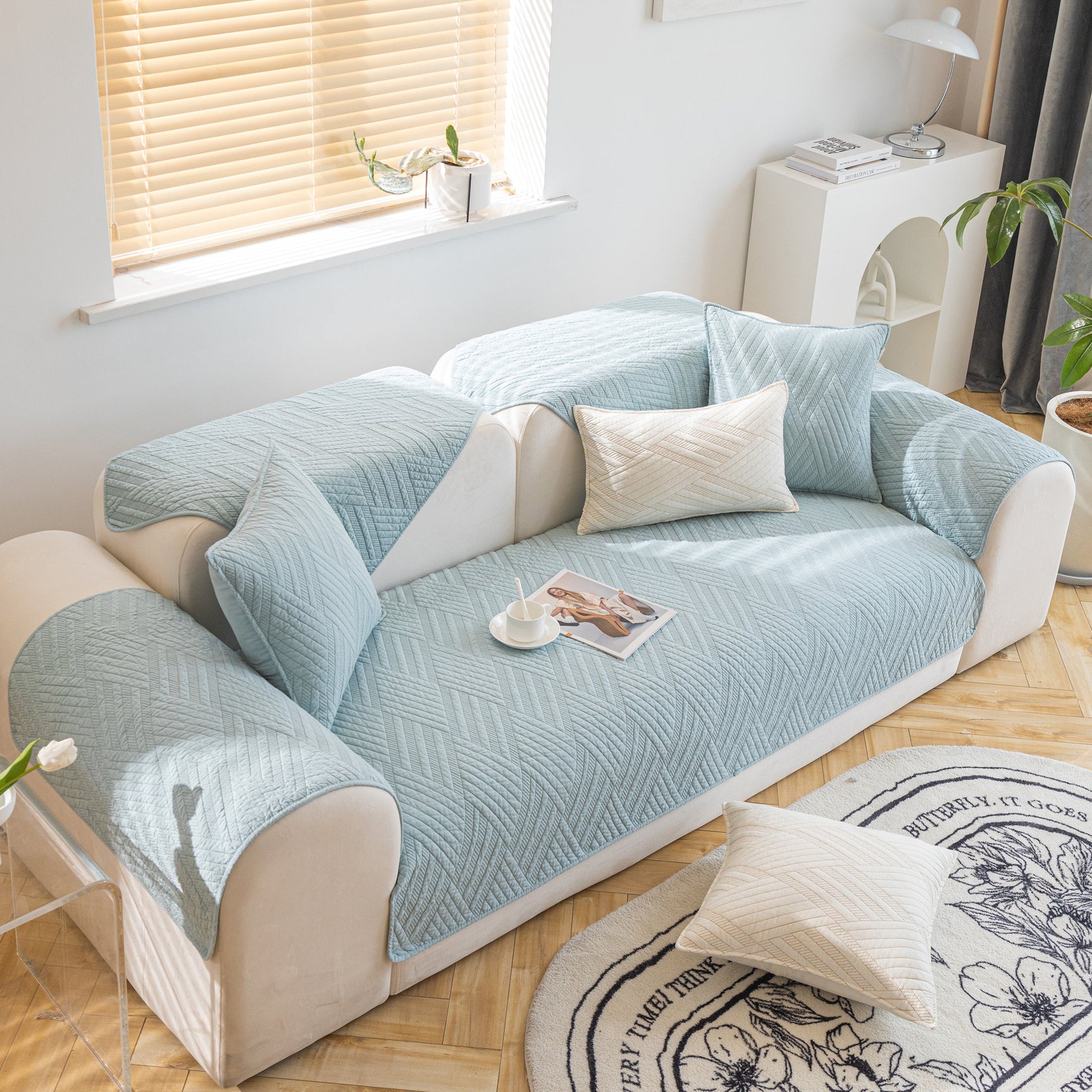 Quilted Geometric Cotton Sofa Cover, Non-Slip & Thick Padded Furniture Covers - Ornate Home