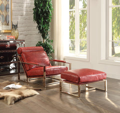 Quinto Antique Red Top Grain Leather & Stainless Steel Accent Chair - Ornate Home