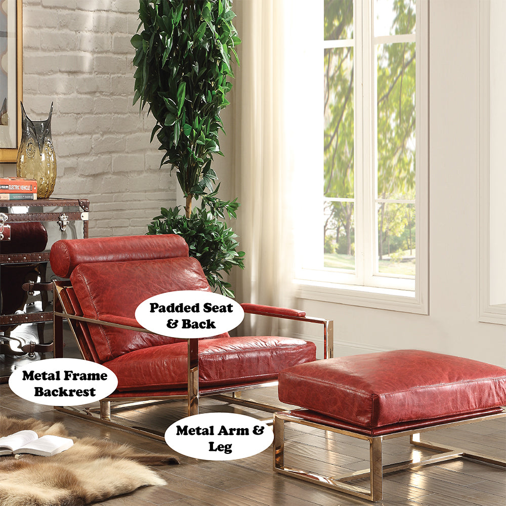 Quinto Antique Red Top Grain Leather & Stainless Steel Accent Chair - Ornate Home