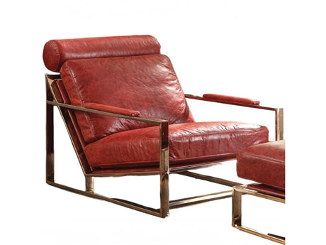 Quinto Antique Red Top Grain Leather & Stainless Steel Accent Chair - Ornate Home
