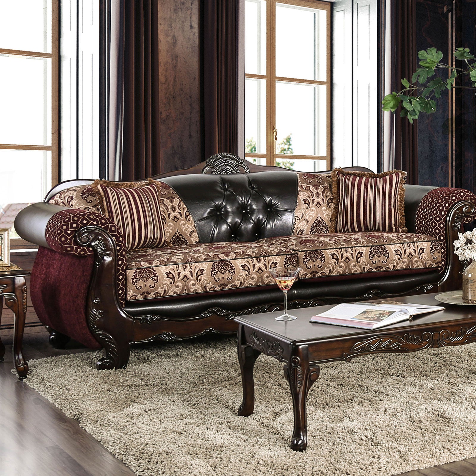 Quirino Burgundy/Dark Brown Sofa & Loveseat - Ornate Home