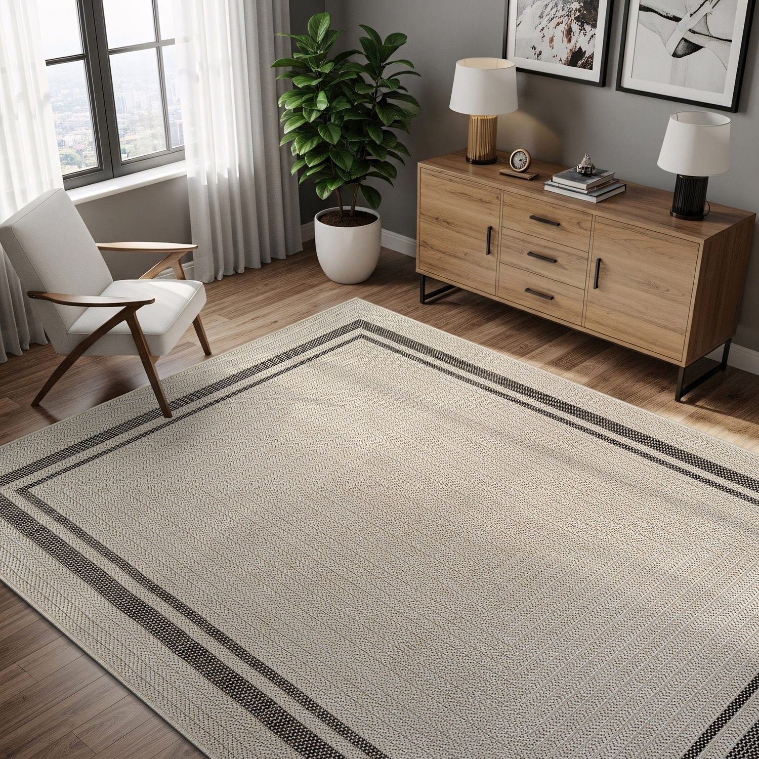 Royce Bone 6 Jute-Look Area Rug | Elegant & Washable