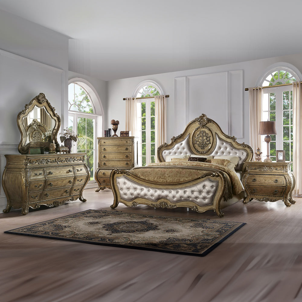 Ragenardus Luxury Beige Linen & Vintage Oak Bed Frame - Ornate Home