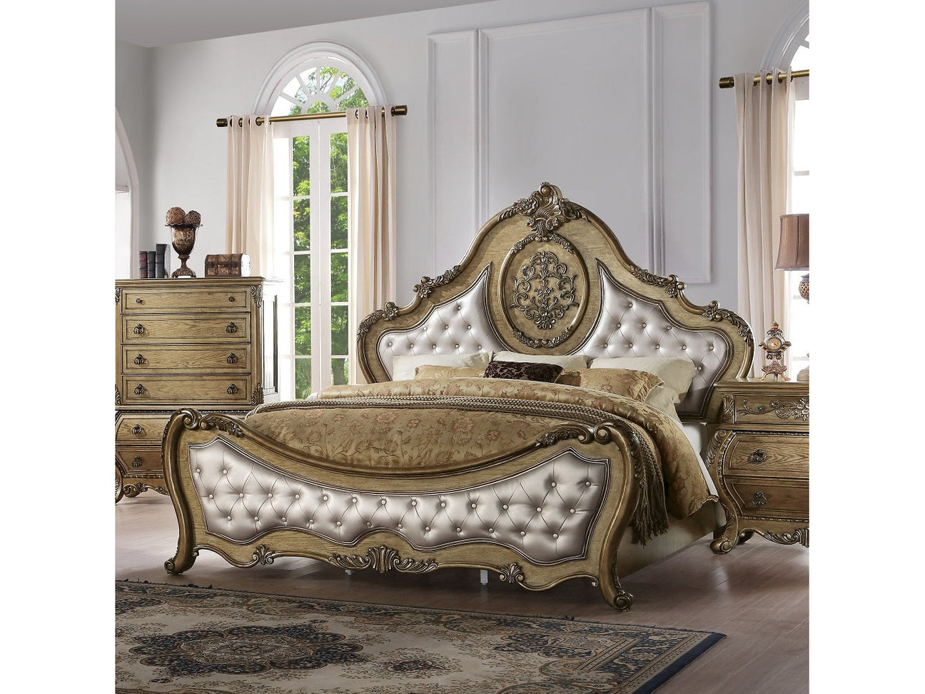 Ragenardus Luxury Beige Linen & Vintage Oak Bed Frame - Ornate Home