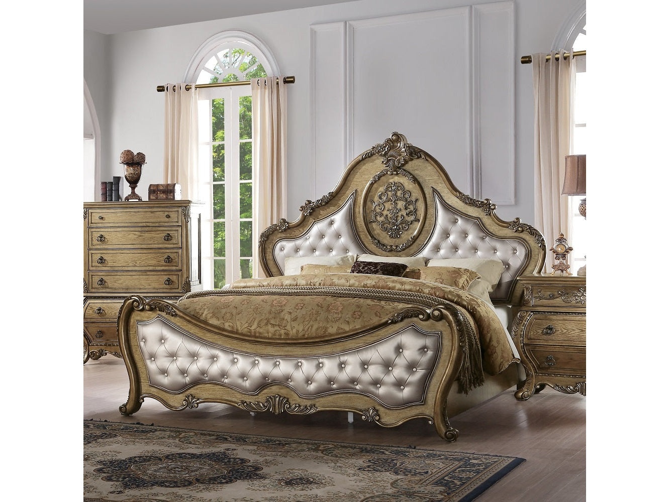 Ragenardus Luxury Beige Linen & Vintage Oak Bed Frame - Ornate Home