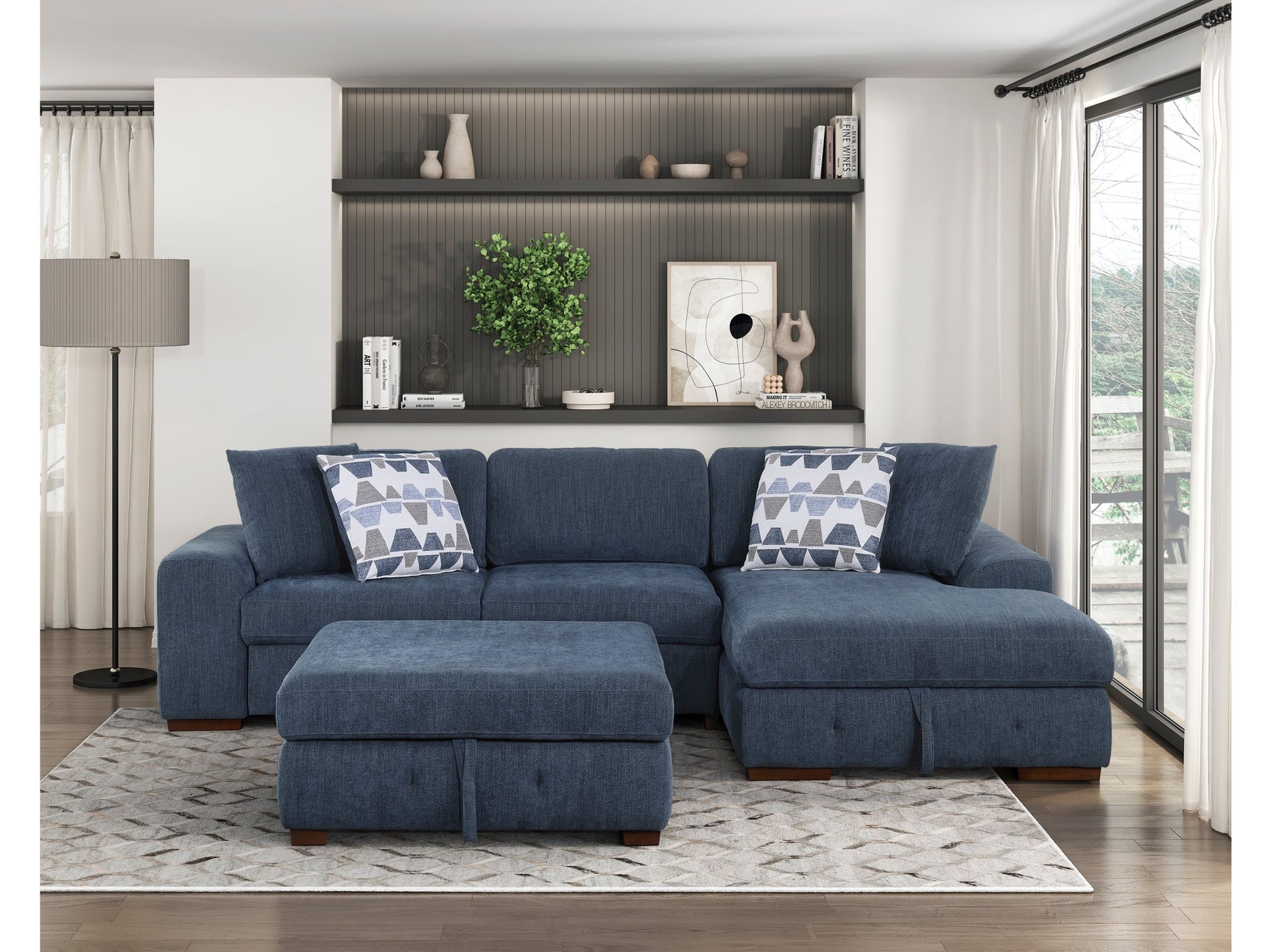 Raife Blue 3-Piece Sectional with Right Chaise And Ottoman - Ornate Home