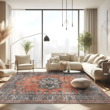 Rain Persian Orange Distressed Vintage Non-Slip Indoor Area Rug / 5'x7 - Ornate Home