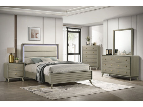 Rainier Gray 5 Pc. Queen Bedroom Set w/ Chest (Uph HB) - Ornate Home