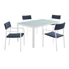 Raleigh White/Navy 5 Piece Outdoor Patio Aluminum Dining Set - Ornate Home