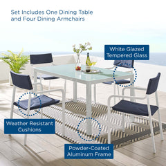 Raleigh White/Navy 5 Piece Outdoor Patio Aluminum Dining Set - Ornate Home