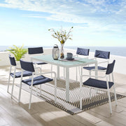 Raleigh White/Navy 7 Piece Outdoor Patio Aluminum Dining Set - Ornate Home
