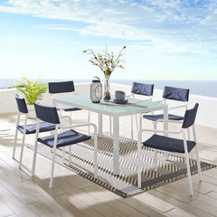 Raleigh White/Navy 7 Piece Outdoor Patio Aluminum Dining Set - Ornate Home